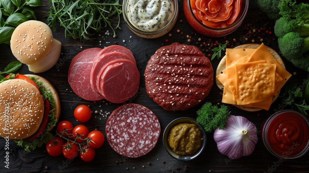 Hamburger Making Process Gourmet Ingredients arrangement of gourmet hamburger ingredients, including high-quality meats, cheeses, fresh vegetables, and unique sauces. Hamburger Making Process Gourmet Ingredients arrangement of gourmet hamburger ingredients, including high-quality meats, cheeses, fresh vegetables, and unique sauces.