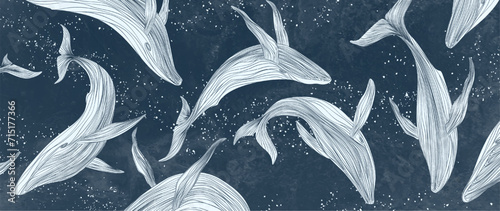 Dark art background with white whales with hand-drawn elements in line style. Vector animalistic banner for decoration, print, textile, wallpaper, interior design, poster.