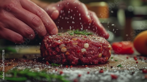 Chef is shaping meat to make hamburgers. Hamburger Preparation hands forming mince meat and seasoning a handcrafted burger patty,
