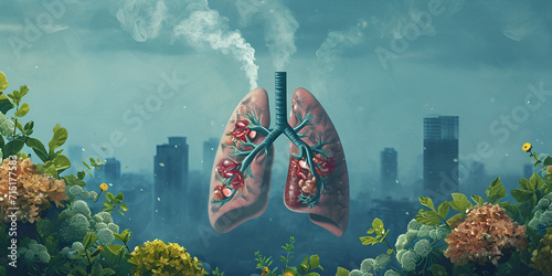 Lungs under Pollution, Air pollution can cause cardiovascular diseases, respiratory diseases, lungs cancer deadliest cancer, healthcare card, wallpaper, banner, factory smoke damaging lung cells