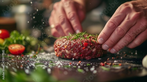 Chef is shaping meat to make hamburgers. Hamburger Preparation hands forming mince meat and seasoning a handcrafted burger patty, photo