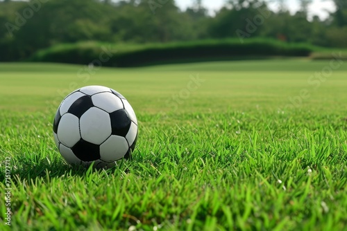 Close Up of Black and White Soccer Ball on Field of Green Grass © Karl