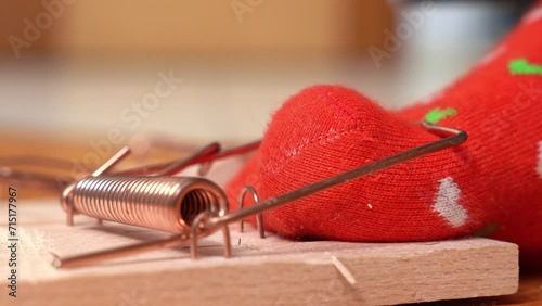 Person in red sock with hearts pattern struggles to free foot. Inattentive individual feels throbbing pain in foot caught in wooden mousetrap photo