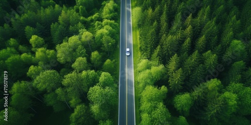 Aerial view asphalt road and green forest, Forest road going through forest with car adventure view from above, Ecosystem and ecology healthy environment concepts, Generative AI 