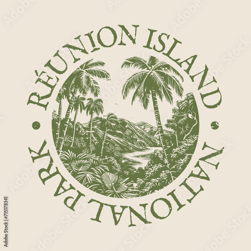 Reunion Island Illustration Clip Art Design Shape. National Park Vintage Icon Vector Stamp.