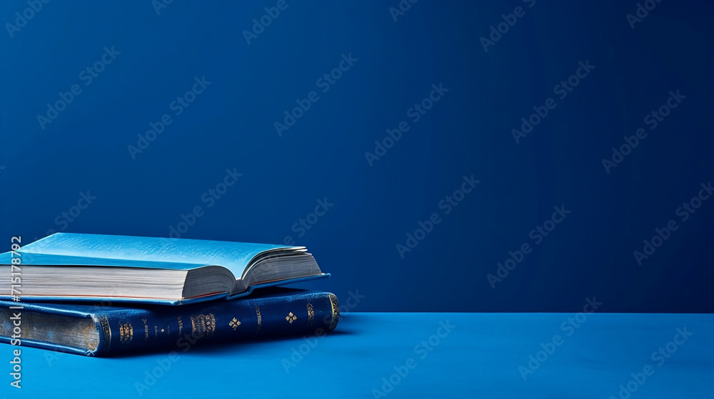 A book on the right on a blue background. In the image there is only the book to the right of the blue background. A book on the right on a blue background. In the image there is only the book to the right of the blue background.