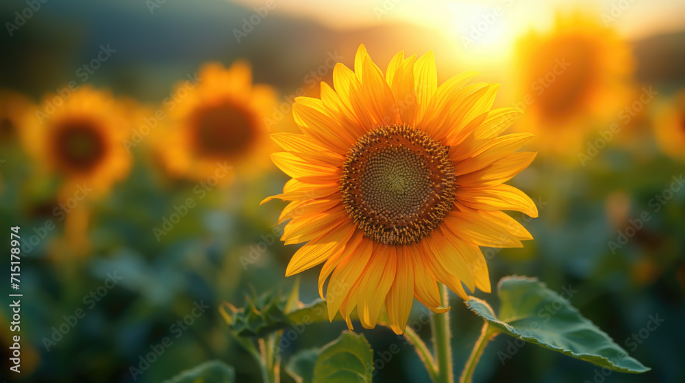 Obraz premium A single sunflower stands tall in a field of sunflowers , with the sun shining brightly in the background.