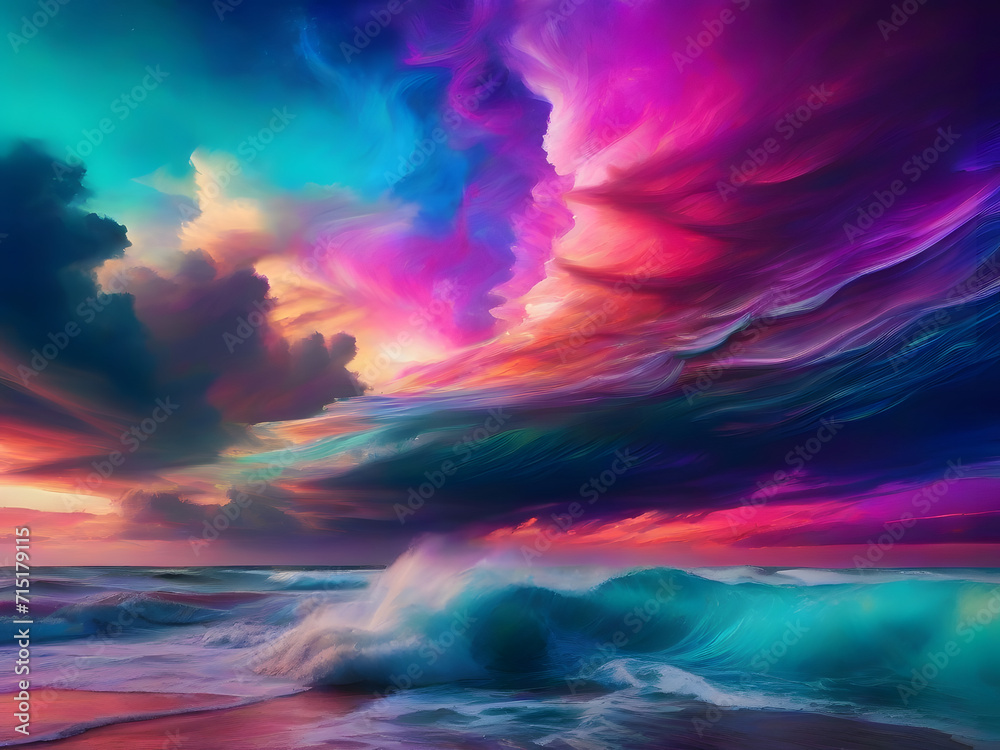 Challenge the conventional skies by visualizing a surreal symphony of clouds painted in vibrant, otherworldly colors.