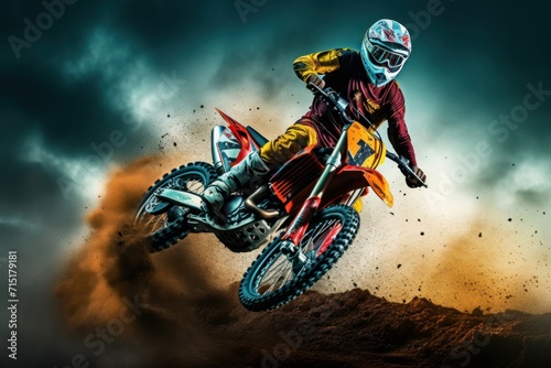 Dirt bike rider doing a big jump. Supercross, motocross, high speed. Sport concept. Digital art, Generative AI 