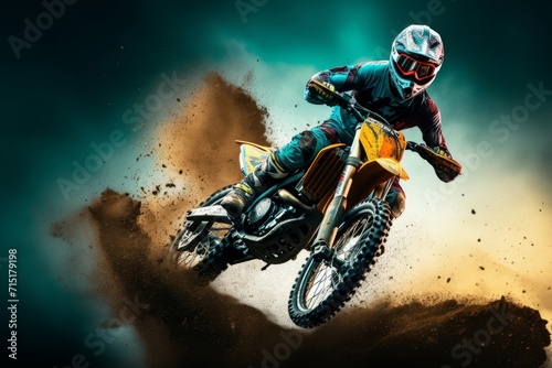 Dirt bike rider doing a big jump. Supercross, motocross, high speed. Sport concept. Digital art, Generative AI 