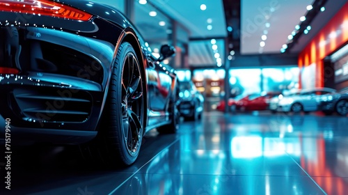 Car showroom theme with a close-up view of a new car prepared for sale.