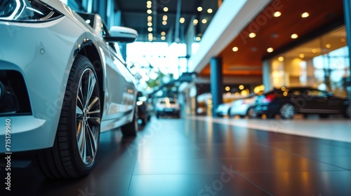 Car showroom concept background showcasing a close-up of a new white car ready for purchase