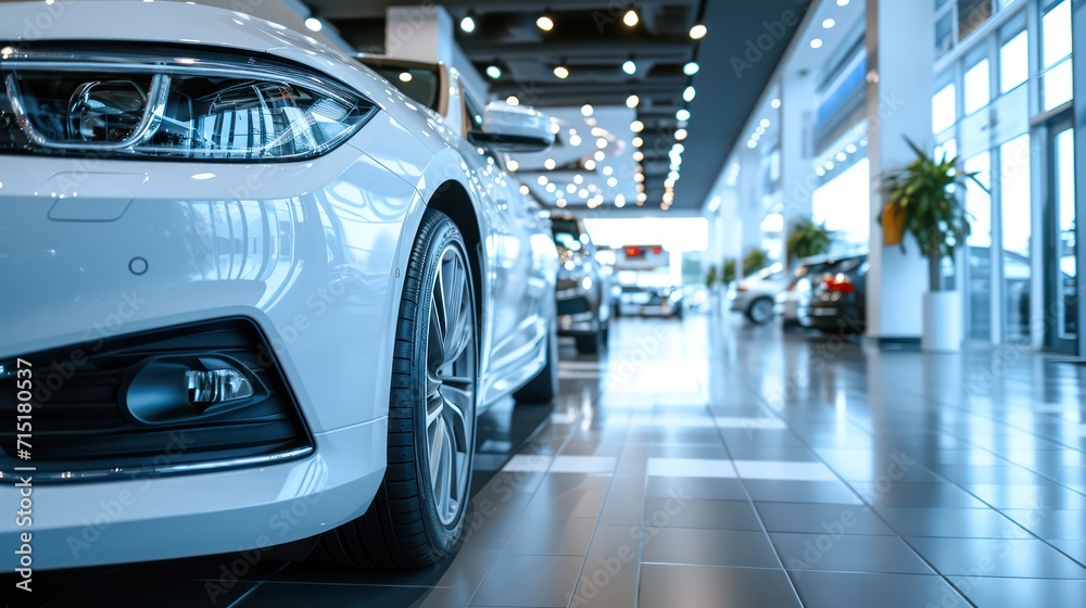 Car showroom concept background showcasing a close-up of a new white car ready for purchase