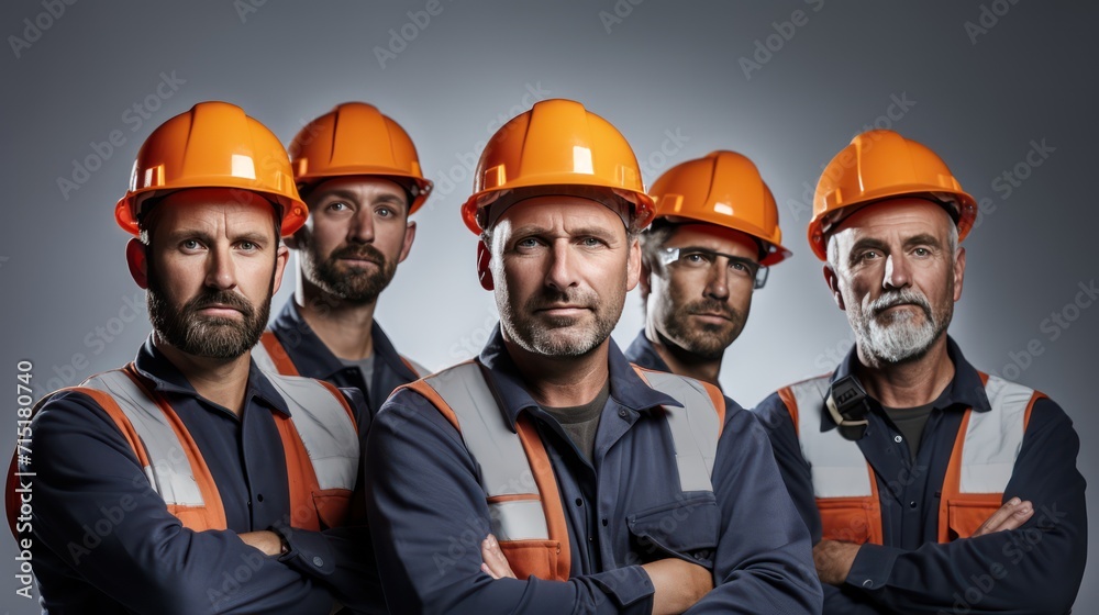 A Confident team of engineers, wearing hard plastic helmets, arms crossed, looking up, white isolated background.