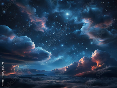 Visualize an inverted night sky where clouds form constellations  creating a celestial tapestry illuminated from within.