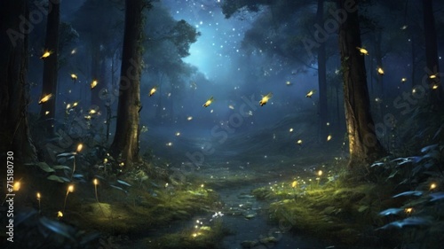 A dreamy fantasy forest full of fireflies 
