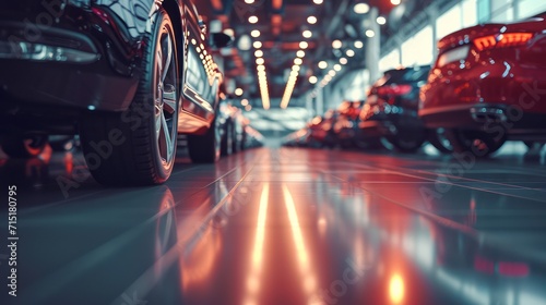 Car showroom concept background showcasing a close-up of a new car ready for purchase