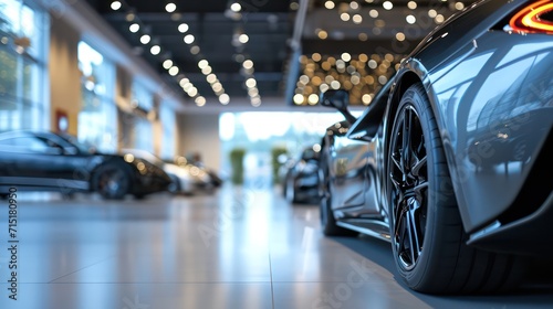 Car showroom concept background showcasing a close-up of a new car ready for purchase