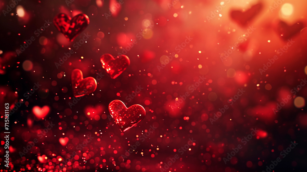 valentine day background with red hearts selective focus and bokeh