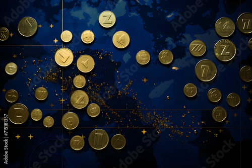 Golden Euro Currency Symbols Against a Deep Blue Background Representing Financial Concepts © John