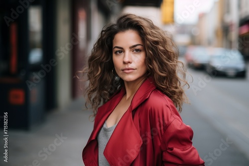 Portrait of a beautiful young woman in a red coat on the street