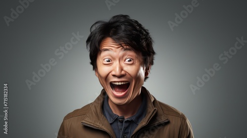 A Wow and surprised face Asian man in white t-shirt with hand point on empty space on a white isolated transparent background. © Phoophinyo