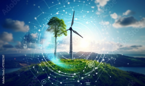 Renewable resource technology to reduce pollution and carbon emissions. Wind energy and sustainable resources. Renewable energy technology.Sustainable, Generative AI  photo