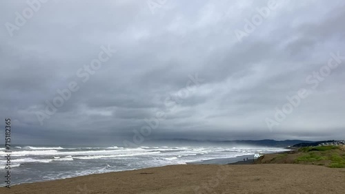 The Pacific Ocean and coast in San Francisco, California on a stormy moody day