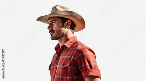 Agriculture, Confident Farmer Wearing a wide-brimmed hat and a red striped shirt, standing looking at the camera, isolated on a white transparent background.