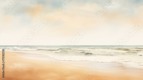A digital watercolor of a quiet beach, the subtle gradient of the sand meeting the sea in calming