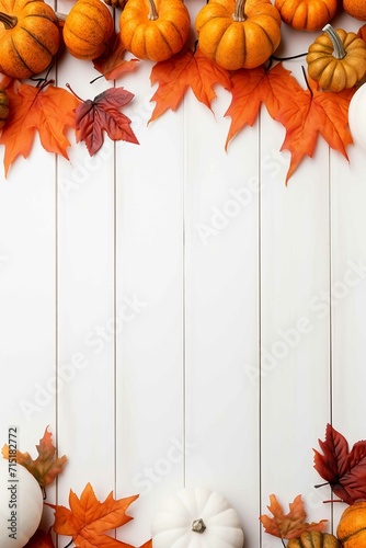 Festive autumn decor with pumpkin leaves on white wooden background. Thanksgiving or Halloween concept