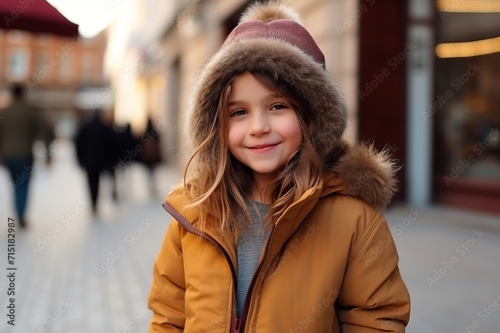 Outdoor portrait of cute little girl in warm winter coat and hat Outdoor portrait of cute little girl in warm winter coat and hat
