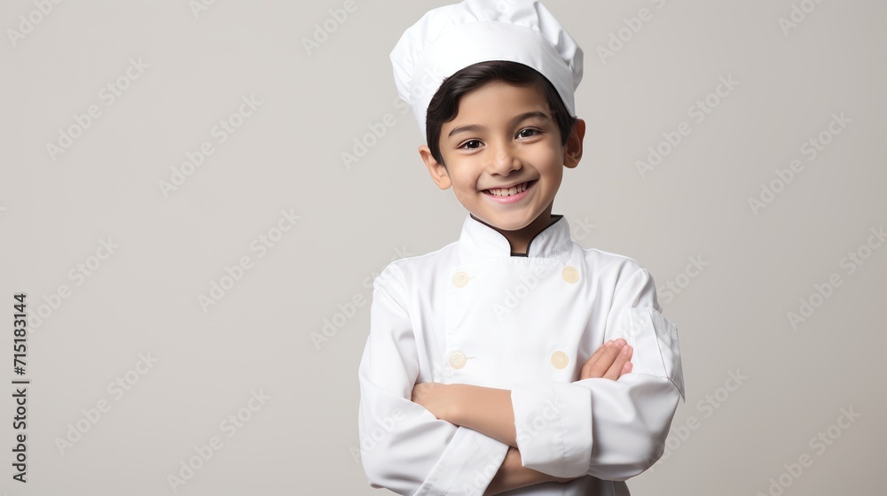 A Cooking, happy boy wearing chef's uniform. Little cook and kitchen equipment. Cooking concepts in the chef profession On empty space on white transparent background isolated A Cooking, happy boy wearing chef's uniform. Little cook and kitchen equipment. Cooking concepts in the chef profession On empty space on white transparent background isolated