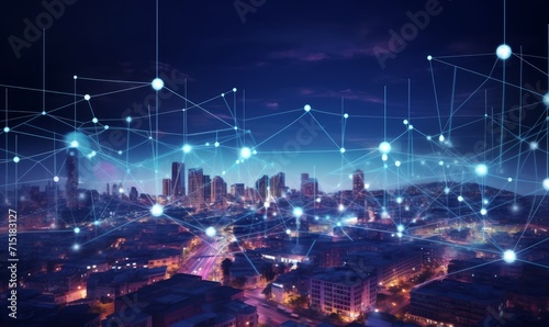 Telecommunication and communication network on city.Smart city development concept, Generative AI 