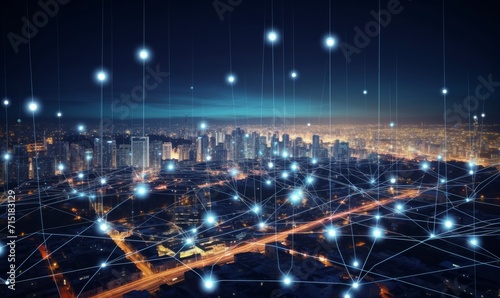 Telecommunication and communication network on city.Smart city development concept, Generative AI  photo