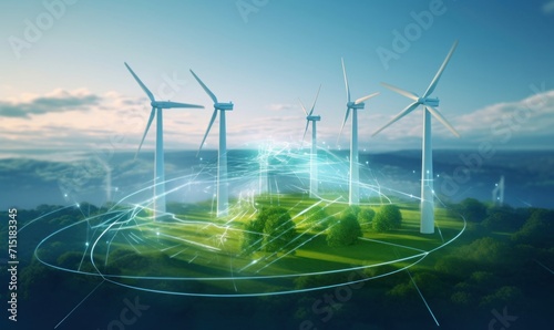 Green energy power production it is future. Windmill and graphic diagram of air currents that produce green energy, Generative AI 