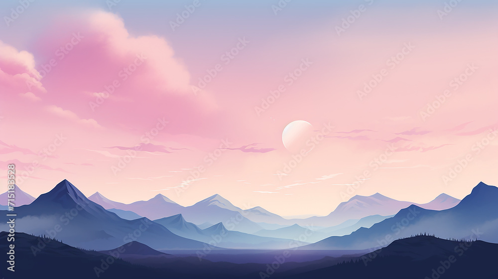 A flat illustration featuring a simple serene mountain A flat illustration featuring a simple serene mountain