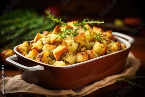 Indulge in the warm and comforting flavors of this cornbread stuffing, delicately with aromatic herbs like rosemary and thyme, promising an earthy and fragrant accompaniment to any roast