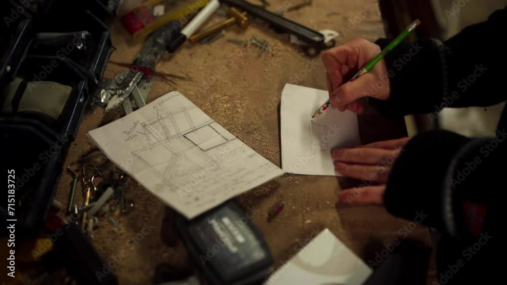 Man Draws On Piece Of Paper In The Wood Workshop Table. - close up shot Man Draws On Piece Of Paper In The Wood Workshop Table. - close up shot