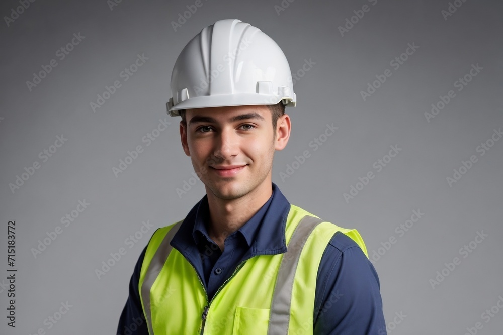 Handsome industrial engineer wearing a Hi-Vis jacket and white helmet, confidently smiling and looking at the camera, isolated background with copy space. Handsome industrial engineer wearing a Hi-Vis jacket and white helmet, confidently smiling and looking at the camera, isolated background with copy space.