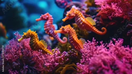 Schools of neon orange and pink seahorses bring an unexpected splash of color to the usually muted seafloor blending in with the vibrant coral around them