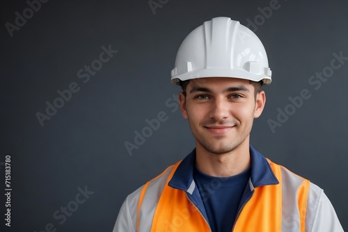 Handsome industrial engineer wearing a Hi-Vis jacket and white helmet, confidently smiling and looking at the camera, isolated background with copy space.