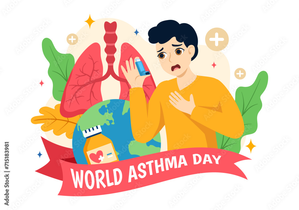 World Asthma Day Vector Illustration on May 2 with Inhaler, Medical Equipment and Health Prevention Lungs in Healthcare Flat Cartoon Background