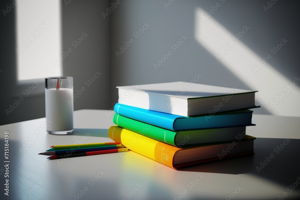 A book pile close up on a study desk. Front view pile book. Stack of colorful books on study table A book pile close up on a study desk. Front view pile book. Stack of colorful books on study table