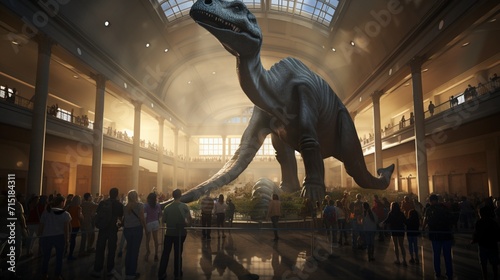 Experience the awe-inspiring sight of a towering Brachiosaurus  brought to life through realistic 3D rendering  dominating the museum s central hall.