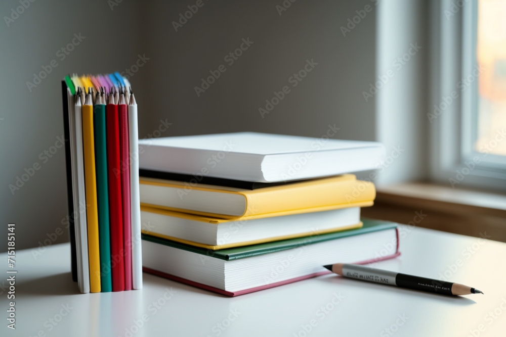 A book pile close up on a study desk. Front view pile book. Stack of colorful books on study table A book pile close up on a study desk. Front view pile book. Stack of colorful books on study table