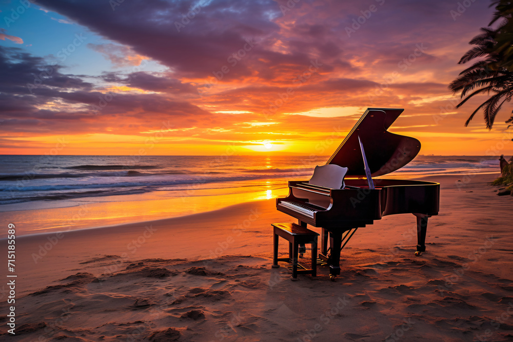Majestic Piano Stands Alone on Scenic Beach at Sunset Majestic Piano Stands Alone on Scenic Beach at Sunset
