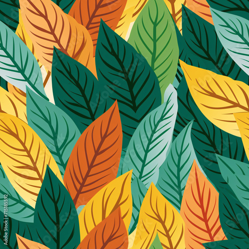 Seamless Pattern of Green, Yellow, and Red Leaves