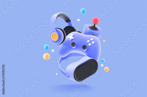 E sports Gaming concept and Gaming console with headphones and vr headset. 3d vector illustration