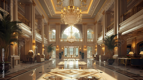 a grand hotel lobby displaying a majestic chandelier photo